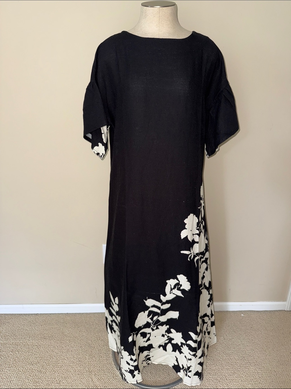 Black Floral-Print Maxi Dress with Cream Accent